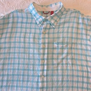 IZOD Men's Linen Blend Turquoise and White Check Button Down Short Sleeve‎ Shirt